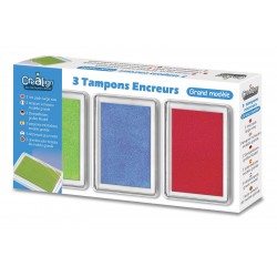 Set of 3 inkpads, packed in a storage box. Green, blue and pink